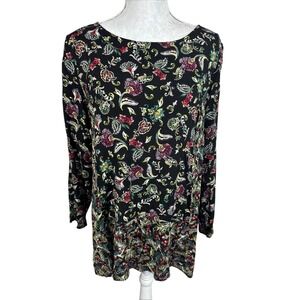 J. Jill‎ Women's L Woven Tunic Top Black Floral Pleated Detail EUC